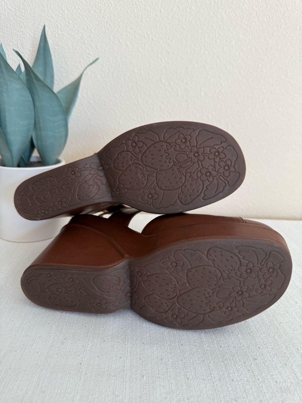New Korks Brown Faux Leather Wedge Sandals with Ankle Strap - Picture 11 of 11